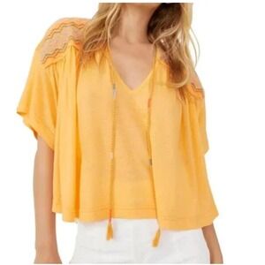 Free People Embroidered Gauze Top Carrot Ginger Orange Boho Tassel OB1410879 NEW